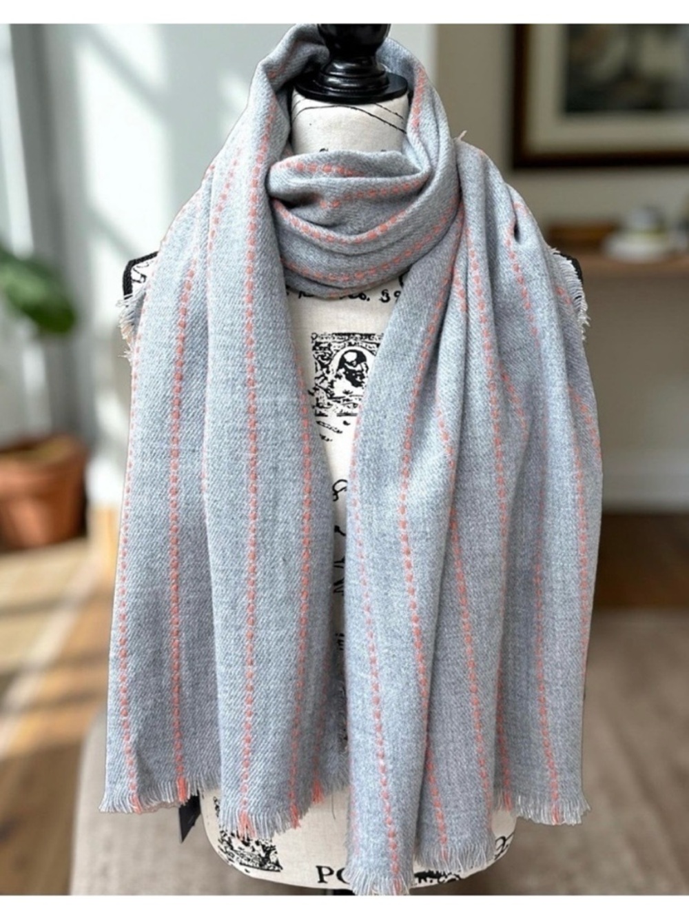 Gray Scarf with Coral Stitch Stripes | Soft Lightweight Fringe Wrap Shawl NWT - Picture 8 of 9